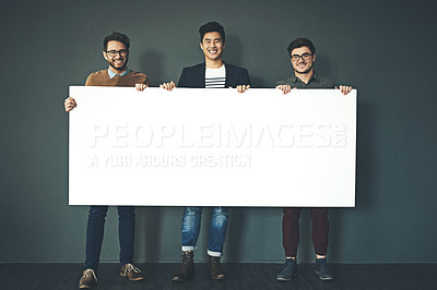 Buy stock photo Mockup, blank and display board sign, advertising on an empty white board for branding and showing information on a poster while standing at work. Marketing advertisement on mock up billboard
