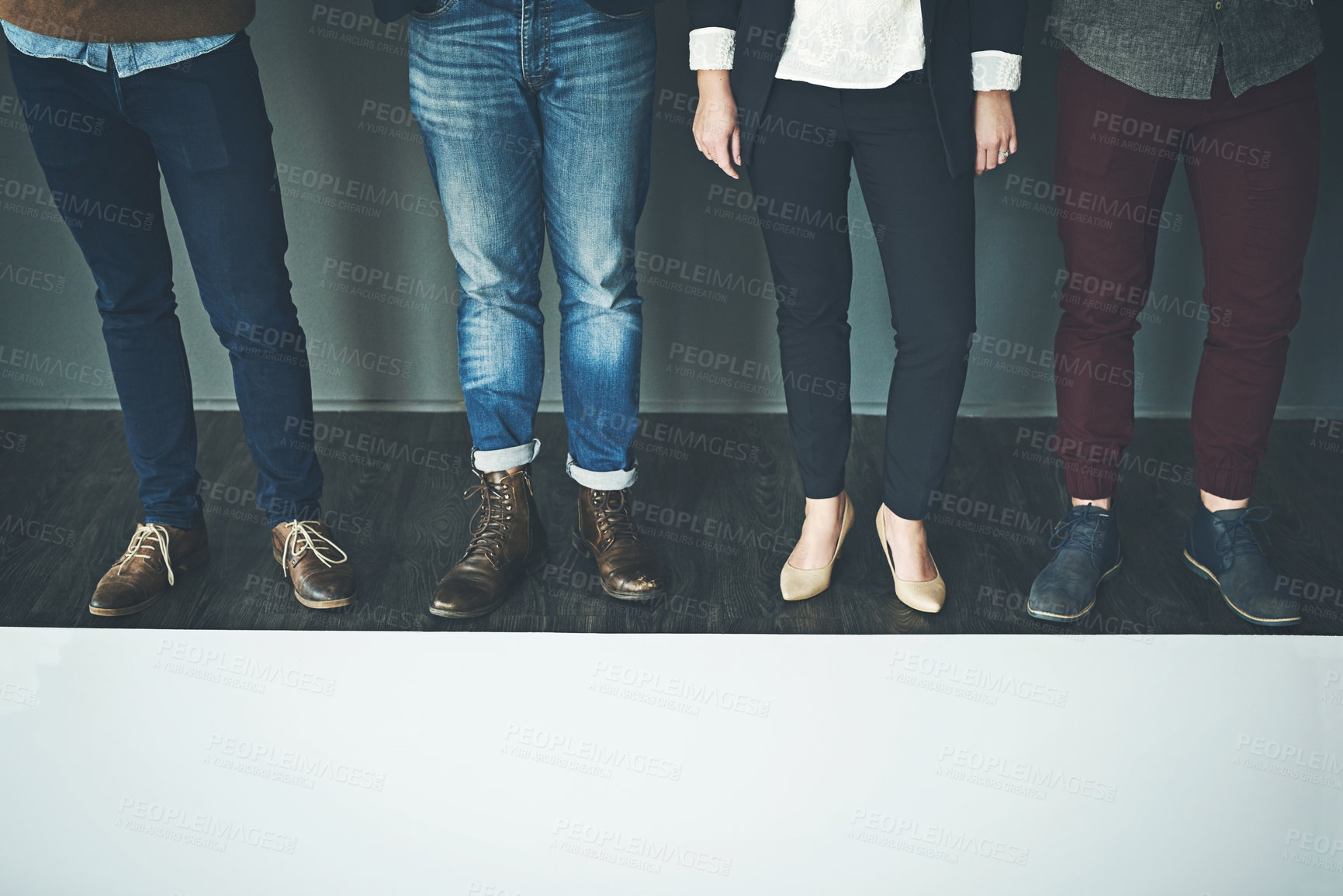 Buy stock photo Business people, legs and waiting with line for interview, job or career opportunity at office. Group of employees standing in row for hiring or recruiting with mockup space together at workplace