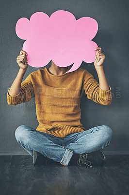 Buy stock photo Woman holding thought bubble, chat or speech board for voicing opinions, chatting on social media or sharing ideas. Creative thinking of marketing strategy, planning or innovating vision for business