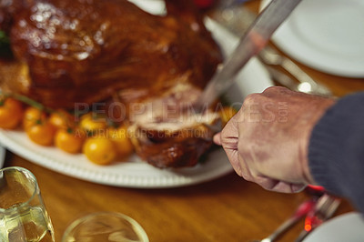 Buy stock photo Hands, turkey and cutting for feast, dinner and meat for reunion of family, thanksgiving or celebration. Chicken, fork and knife for slice, holiday or people in dining room, Christmas or food in home