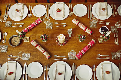 Buy stock photo High angle shot of a place setting on a table during Christmas