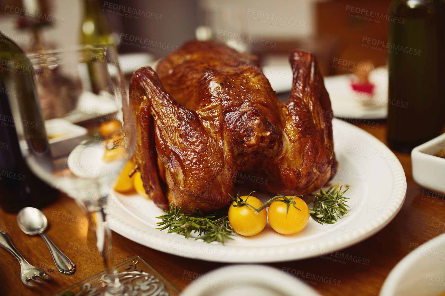 Buy stock photo Closeup shot of a turkey on a dining table