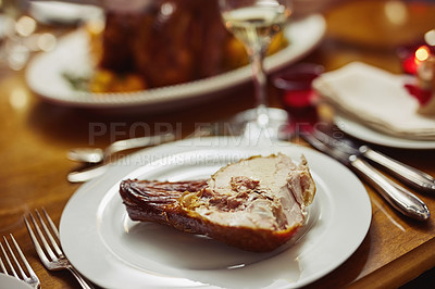 Buy stock photo Closeup shot of a serving of roast beef on a dining table