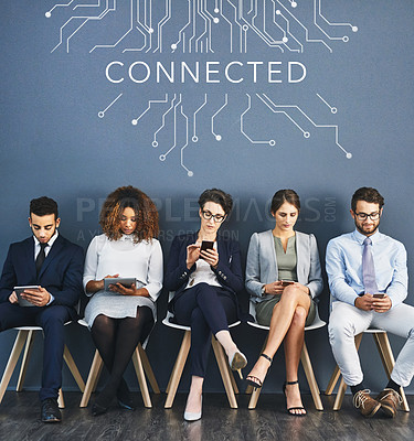 Buy stock photo Connected, communication and network of diverse business people using multimedia technology, waiting for an interview. Professional group sitting in a row, applying for an International job 