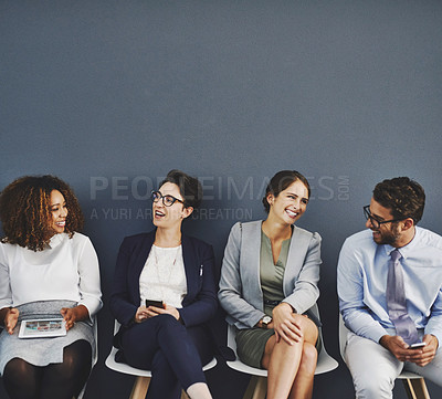 Buy stock photo Waiting for an interview, connected, communication and network of diverse businesspeople using multimedia technology. Happy professional group sitting in a row, applying for an International job