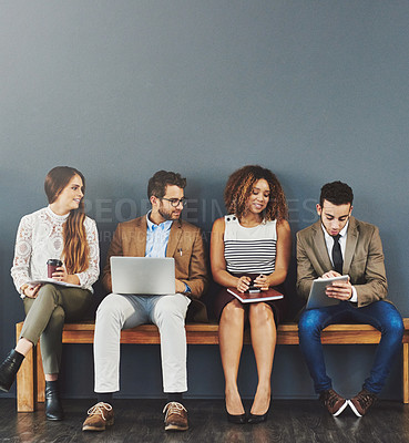 Buy stock photo Recruitment, technology and business people in waiting room for interview, meeting or diversity on bench. Hiring, human resources and candidates in office for opportunity, onboarding or employment