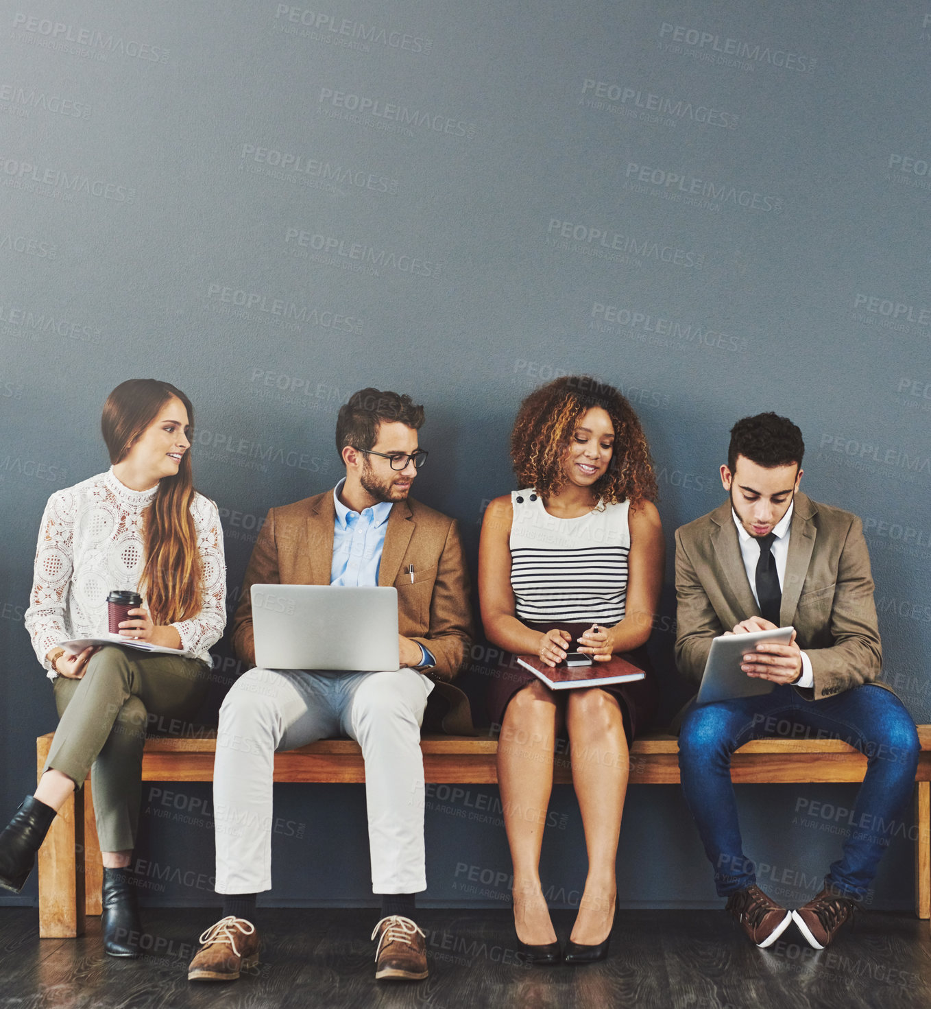 Buy stock photo Recruitment, technology and business people in waiting room for interview, meeting or diversity on bench. Hiring, human resources and candidates in office for opportunity, onboarding or employment