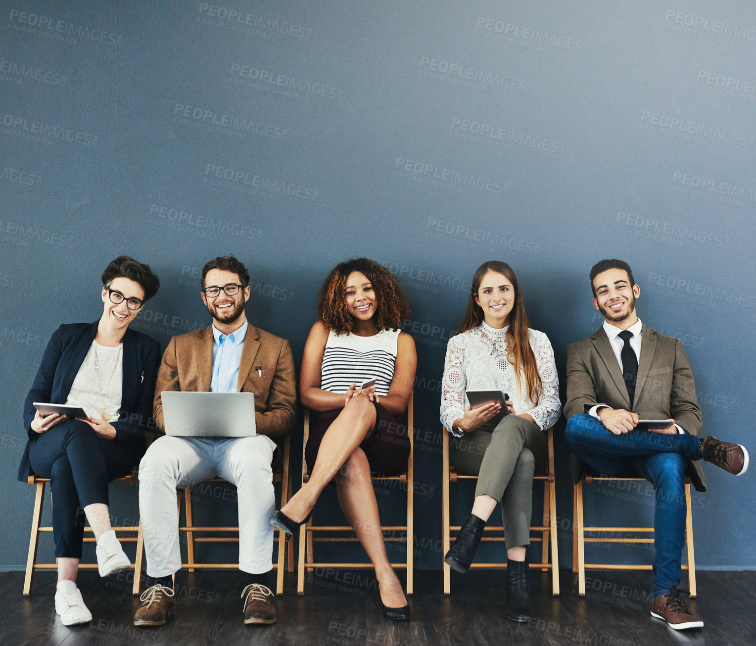 Buy stock photo Portrait, technology and business people in waiting room for interview, meeting or recruitment on chair. Hiring, human resources and diversity candidates for opportunity, onboarding or employment