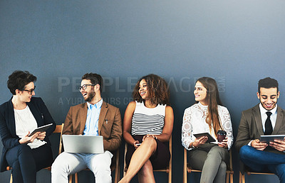 Buy stock photo Businesspeople, connect and office wall with devices, communication and tech with employees together. Online networking, recruitment and line up for creative agency, opportunity and job interview