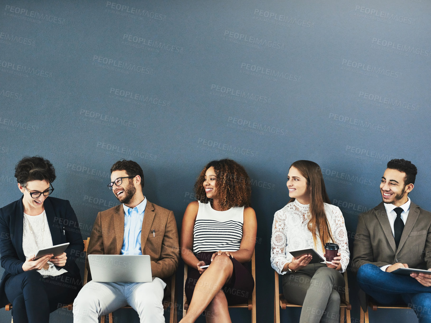 Buy stock photo Business, employees and office queue with devices, connection and tech with people for online networking. Recruitment, line up and creative agency for opportunity, communication and job interview