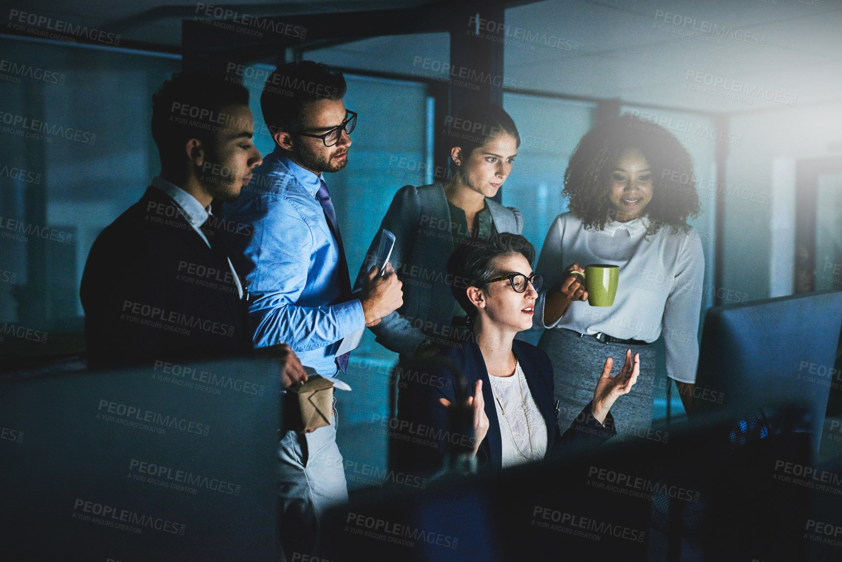 Buy stock photo Team, night and business people on computer for planning or eating food on project deadline. Group, collaboration and discussion of strategy, brainstorming and sales manager drink coffee in office