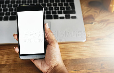 Buy stock photo High angle shot of an unrecognizable businesswoman using a mobile phone