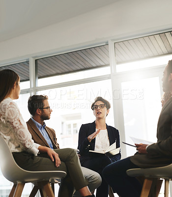 Buy stock photo Workshop, planning and notebook with business people in office for feedback review, agenda and team update. Progress report, discussion group and employees in circle for brainstorming project