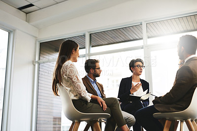 Buy stock photo Workshop, planning and teamwork with business people in office for feedback review, agenda and meeting update. Progress report, discussion group and employees in circle for brainstorming project