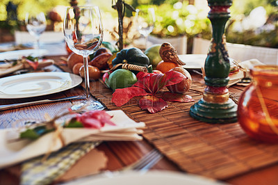 Buy stock photo Cropped shot of a the layout of a Thanksgiving dining table