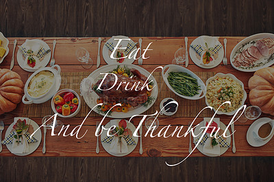 Buy stock photo Thanksgiving, words or top view of turkey table for gratitude overlay, food or holiday lunch in home. Message, background and festive celebration for dining meal with house, plate or feast tradition