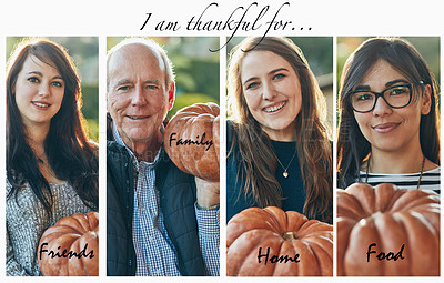 Buy stock photo Composite shot of four people holding a pumpkin