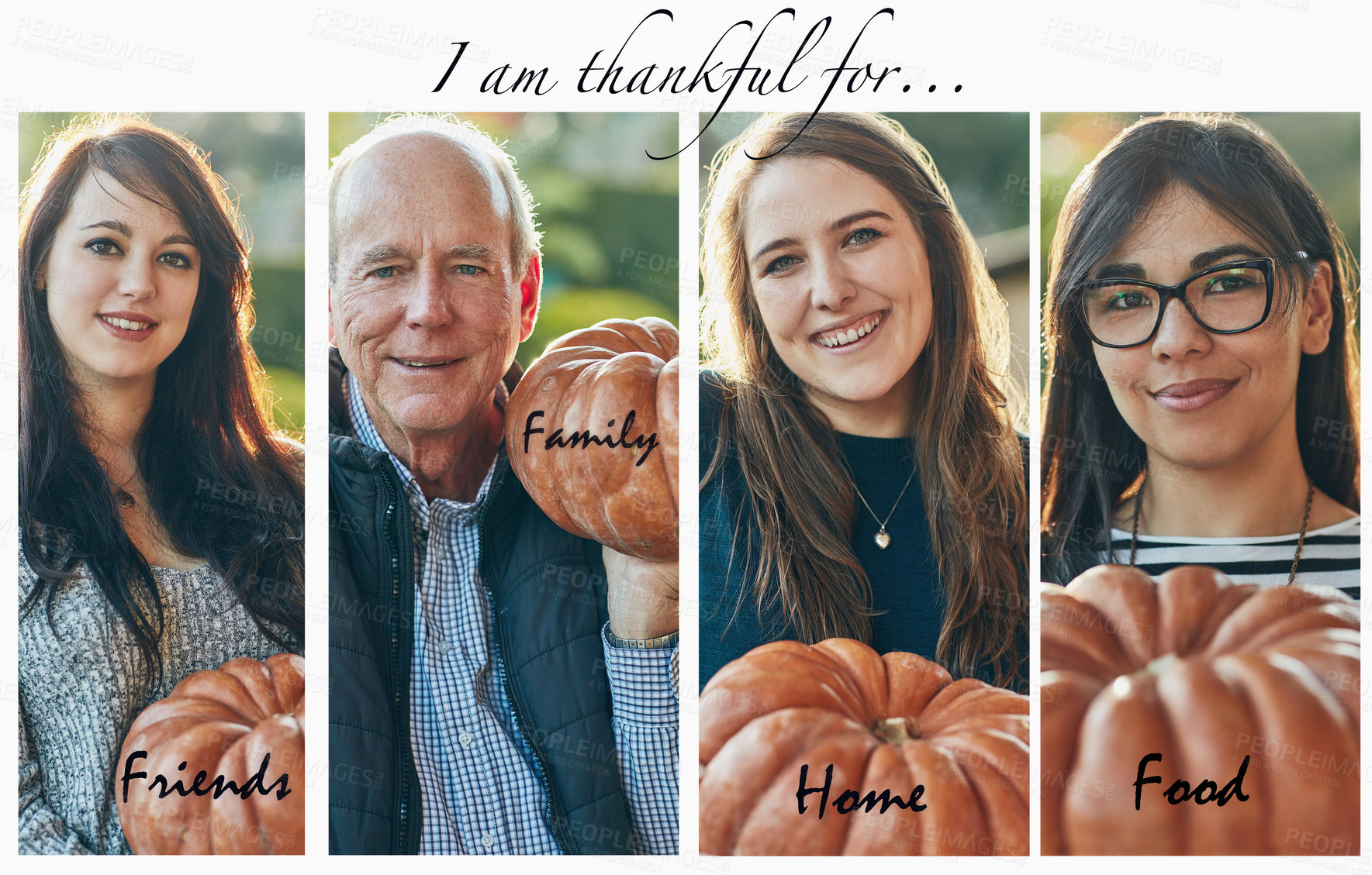 Buy stock photo Composite shot of four people holding a pumpkin