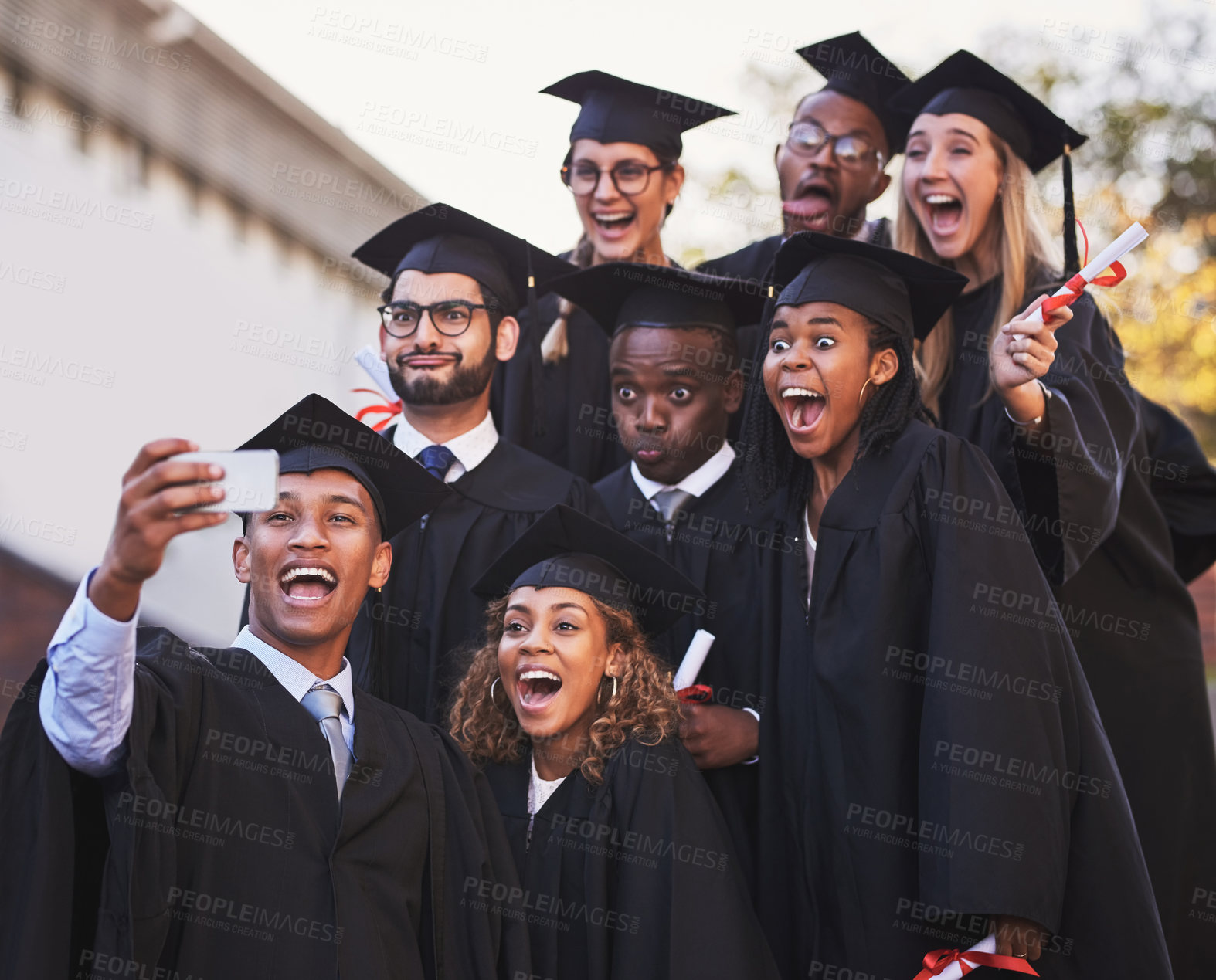 Buy stock photo Education, graduation and selfie of student friends outdoor on campus together for ceremony or event. Celebration, diversity and future with photograph of happy graduate people cheering for success