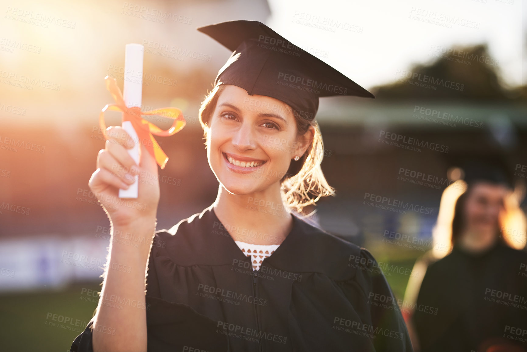 Buy stock photo Portrait, graduate student or happy woman with certificate at university to celebrate success or learning goal. Face, future or girl at graduation with degree scroll for education achievement outdoor