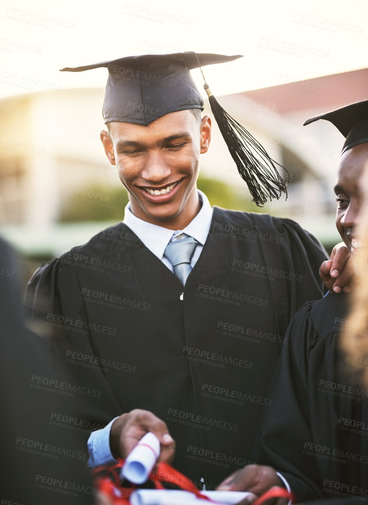 Buy stock photo People, certificate and circle for graduation, celebration and university outdoor with diploma success. Students, graduate and happy for achievement, education and college award and congratulations