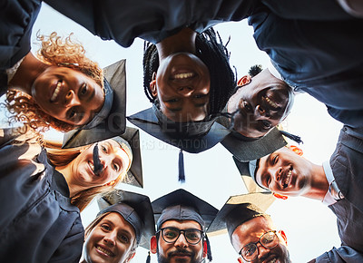 Buy stock photo Graduation, circle and portrait of students at university for ceremony, celebration and academic achievement. College degree, friends and below of men and women for education, learning and studying