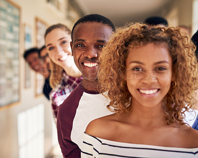 Buy stock photo Portrait of a diverse group of students standing in a line at campus
