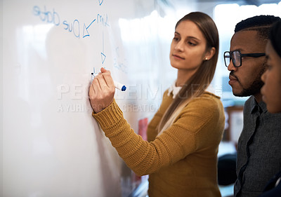 Buy stock photo Shot of a group of students brainstorming at a whiteboard in class