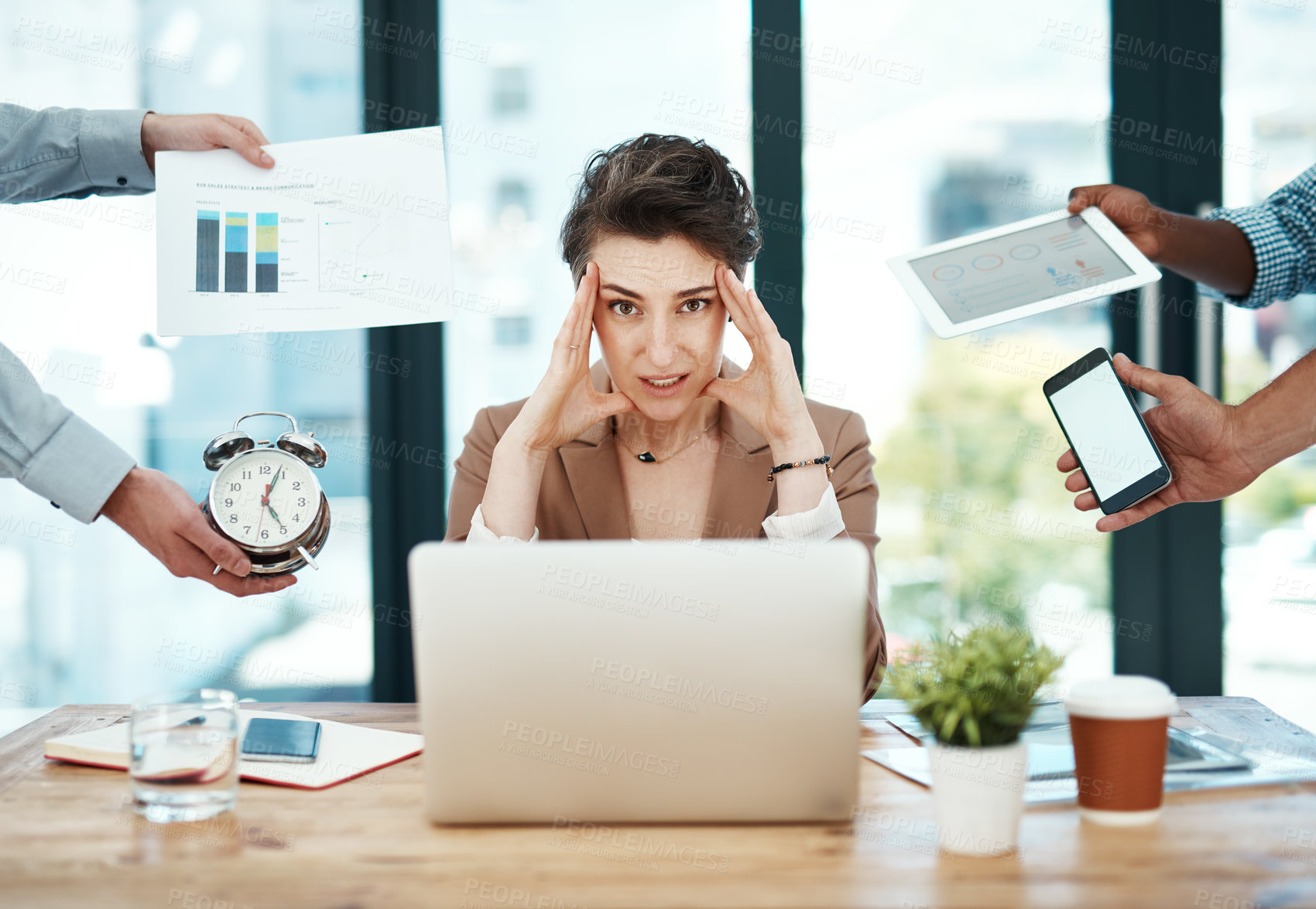 Buy stock photo Woman, chaos and group with hands, office and portrait with charts, laptop and phone screen. Person, frustrated and time management with mockup space, tablet and sales report with stress at agency