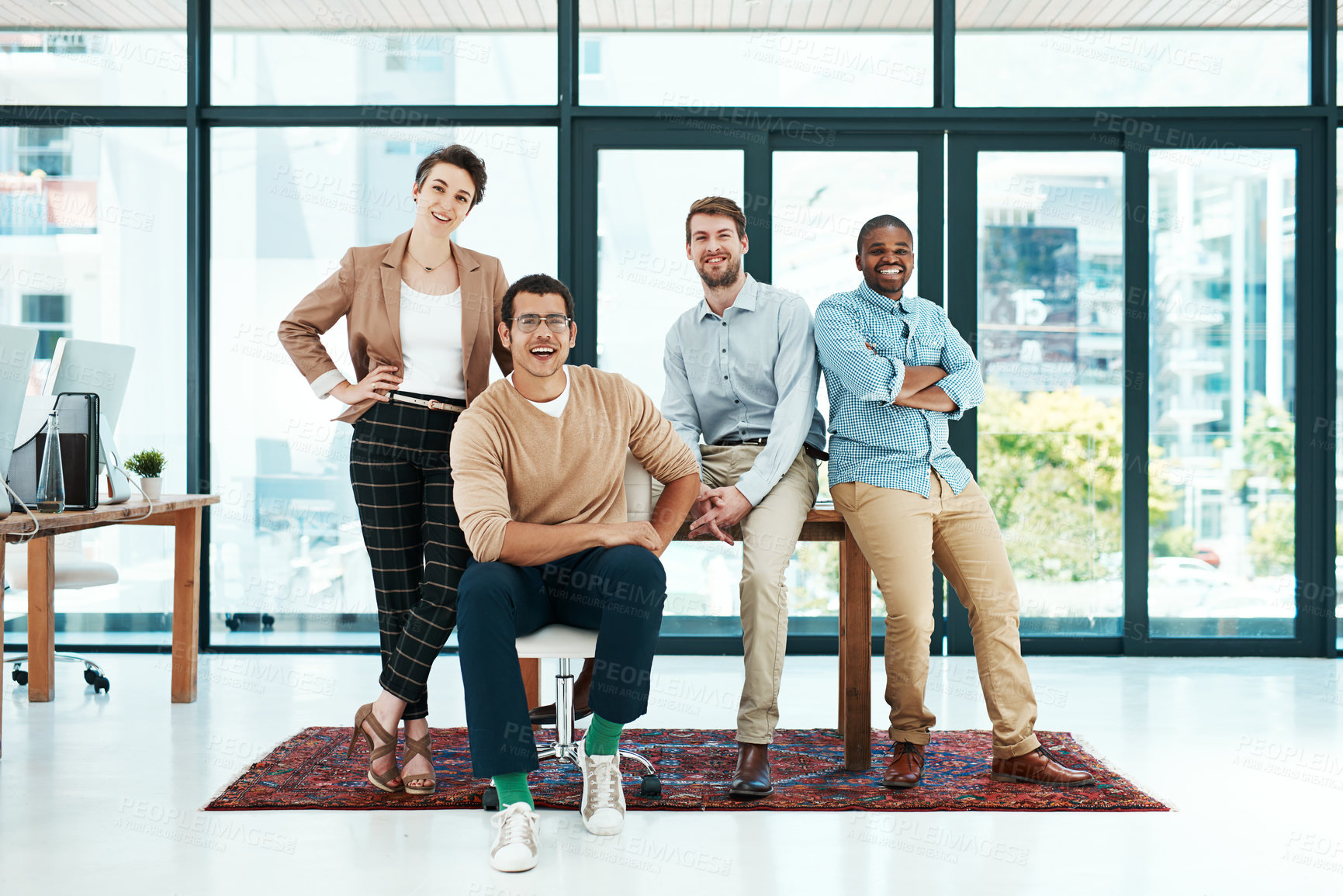 Buy stock photo Startup, office and portrait of business people for teamwork, collaboration and solidarity in modern workplace. Company, diversity and happy men and women smile for support, about us and coworking