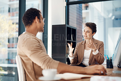 Buy stock photo Mentor, training and a woman manager with an employee in the office for coaching on company vision. Management, meeting and a female business person talking to a professional male colleague at work