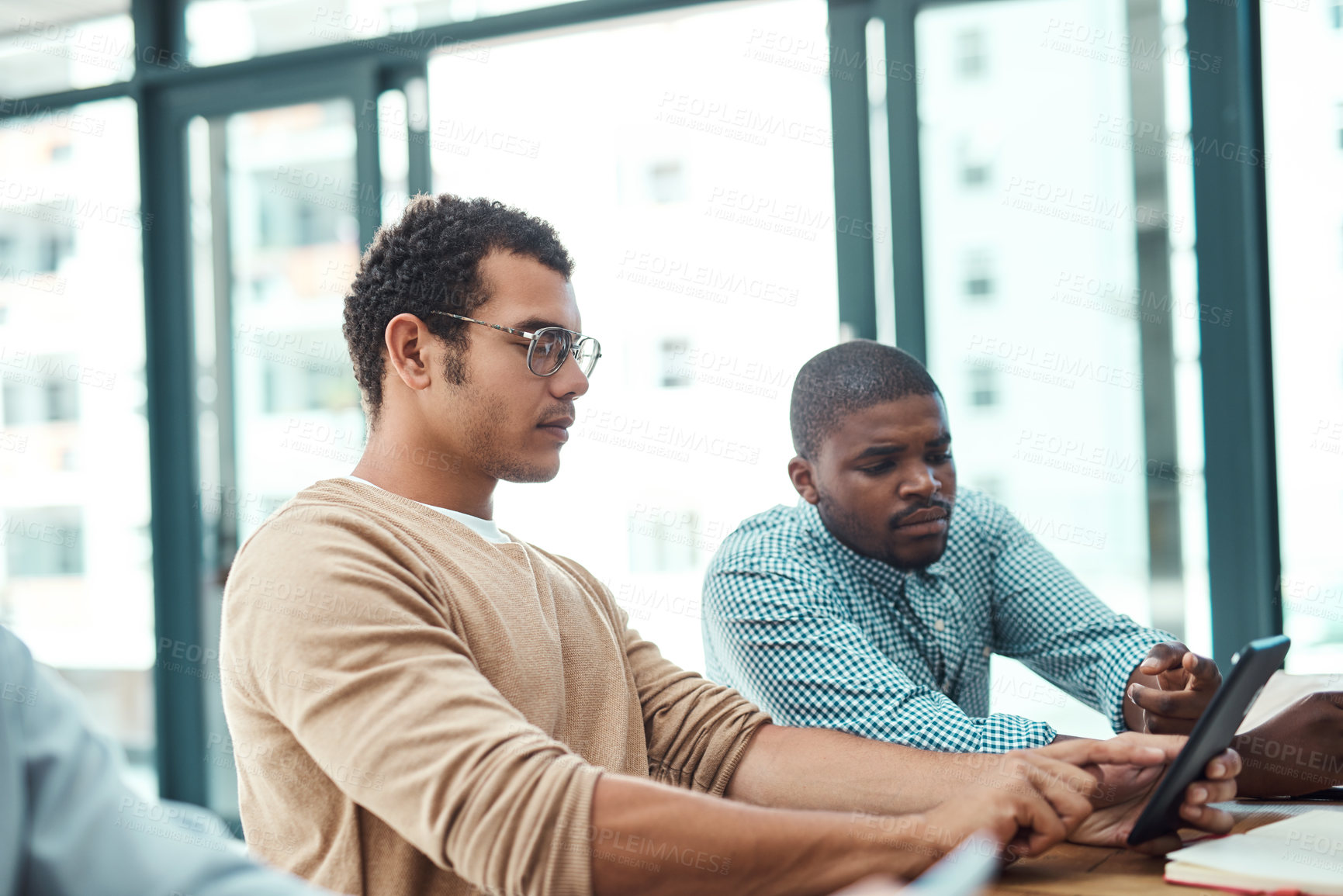 Buy stock photo Tablet, team and business men in discussion, planning or help with research advice for solution in meeting. Technology, diversity or cooperation on project in creative startup with engagement manager