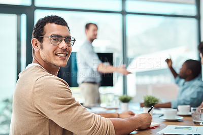 Buy stock photo Portrait, business man and writing notes in office meeting for coworking in startup company. Face, financial analyst and happy professional entrepreneur on notebook with glasses for info or data