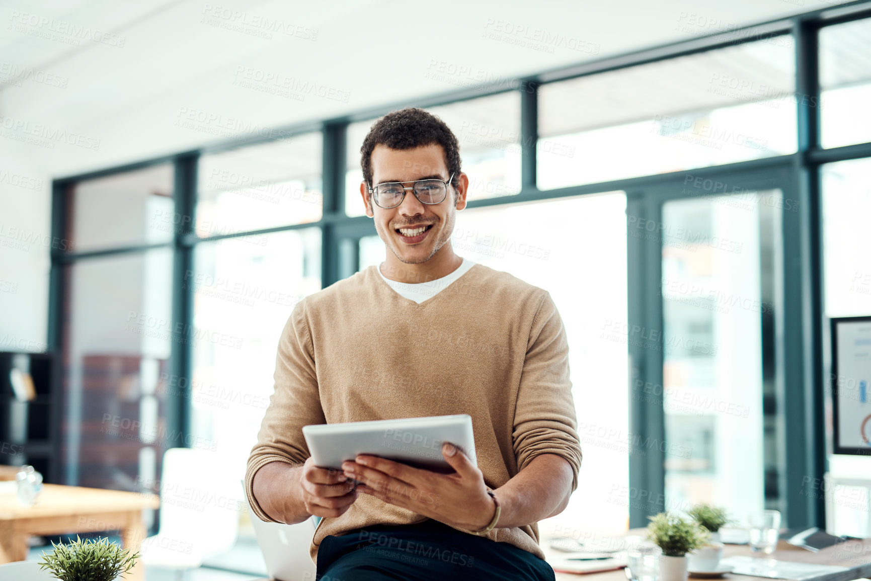 Buy stock photo Portrait, tablet and business man in office for research, email or info online in creative startup. Face, financial analyst and happy professional entrepreneur in glasses to work on project in Brazil