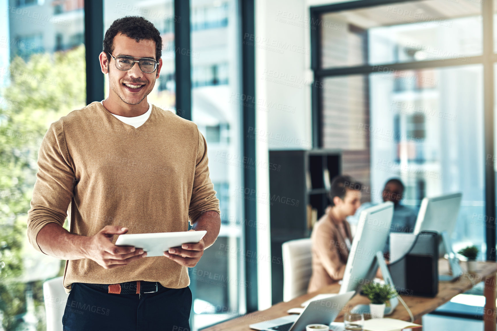 Buy stock photo Tablet, happy and portrait of man in office with leader, confidence and pride for career. Smile, manager and male graphic designer from Mexico with digital technology for research in workplace.