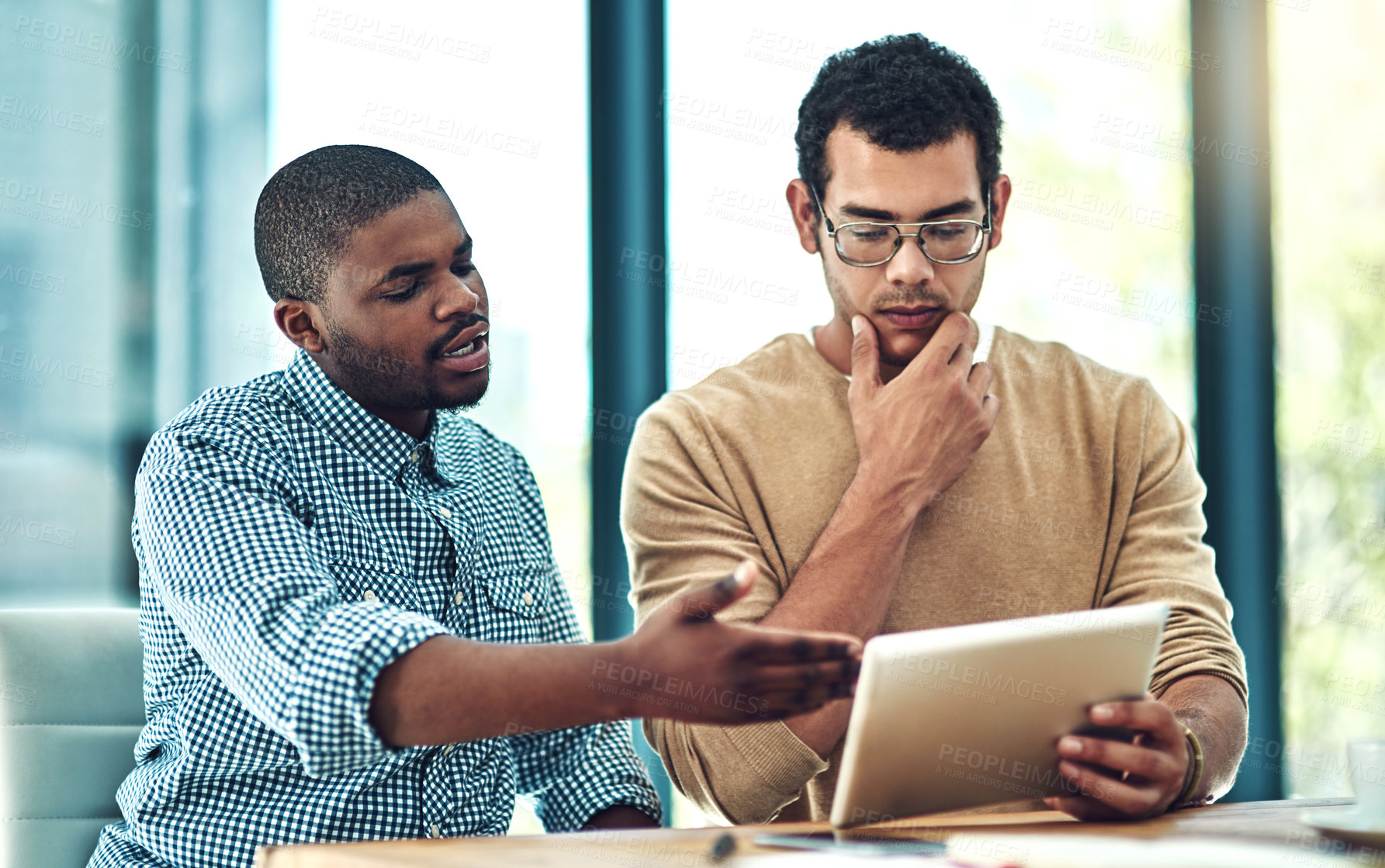 Buy stock photo Meeting, office and business men on tablet in discussion for planning, teamwork and collaboration. Creative company, web design agency and people on digital tech for research, website ui and feedback