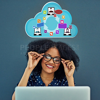 Buy stock photo Studio shot of a young woman using a laptop with a cloud illustration above her against a gray background
