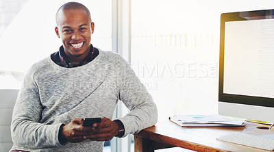 Buy stock photo Businessman, happy and portrait with cellphone in office, message and social media for online networking. IT Consultant, positive and face with mobile app for email, connectivity and browse in mockup