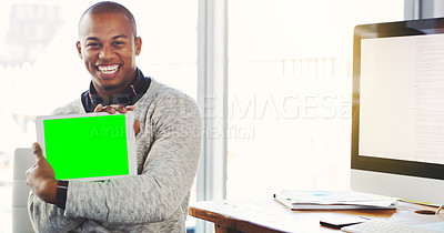 Buy stock photo Businessman, happy and portrait with tablet with green screen, office and mockup space for online advertising.  Consultant, smile and face with marketing for mobile app and website promotion in tech