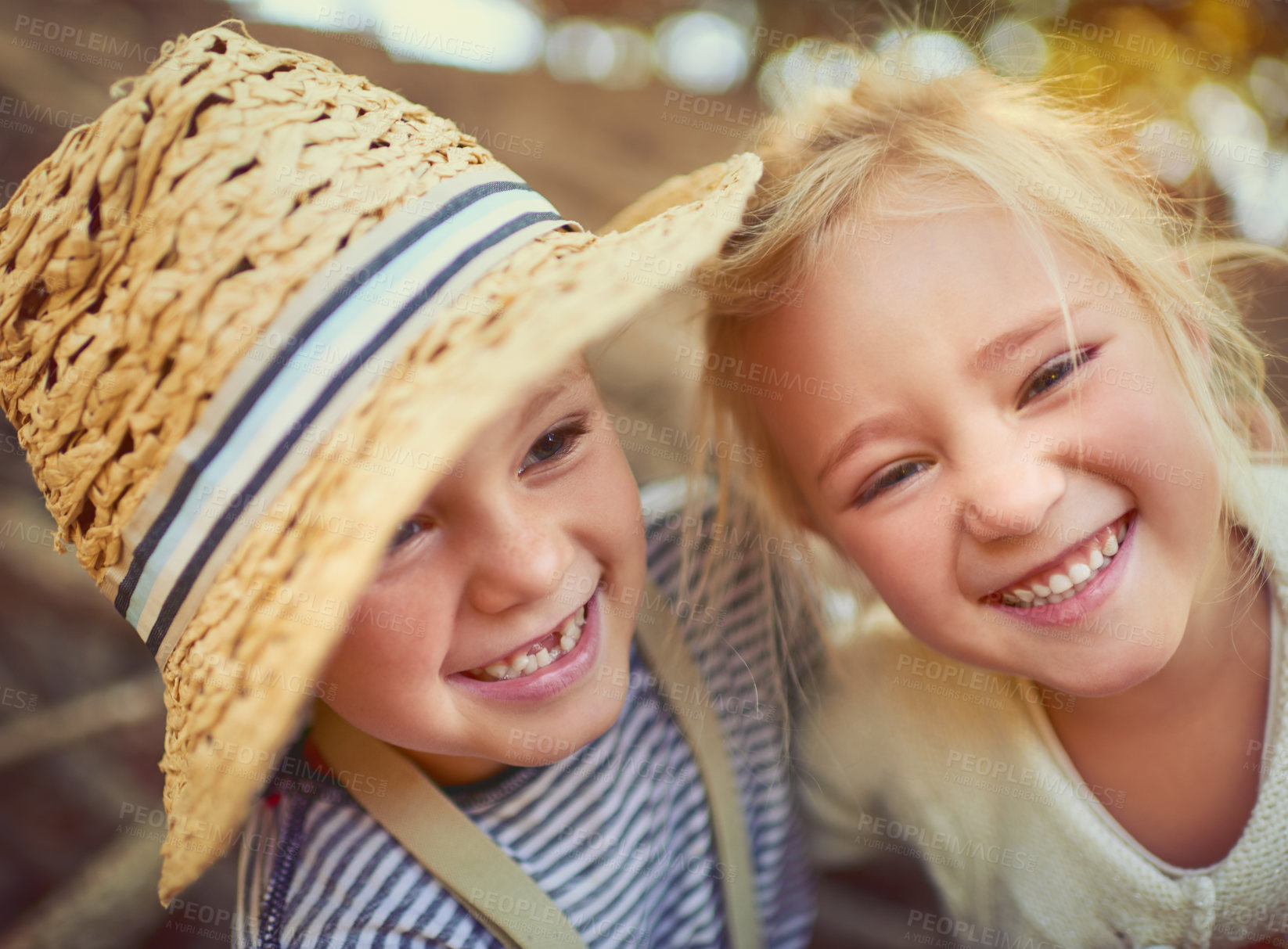 Buy stock photo Portrait of two little children playing together outdoors