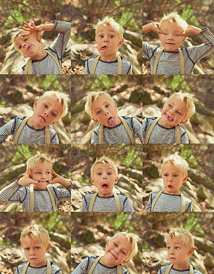 Buy stock photo Composite shot of an adorable little boy making various facial expressions outdoors