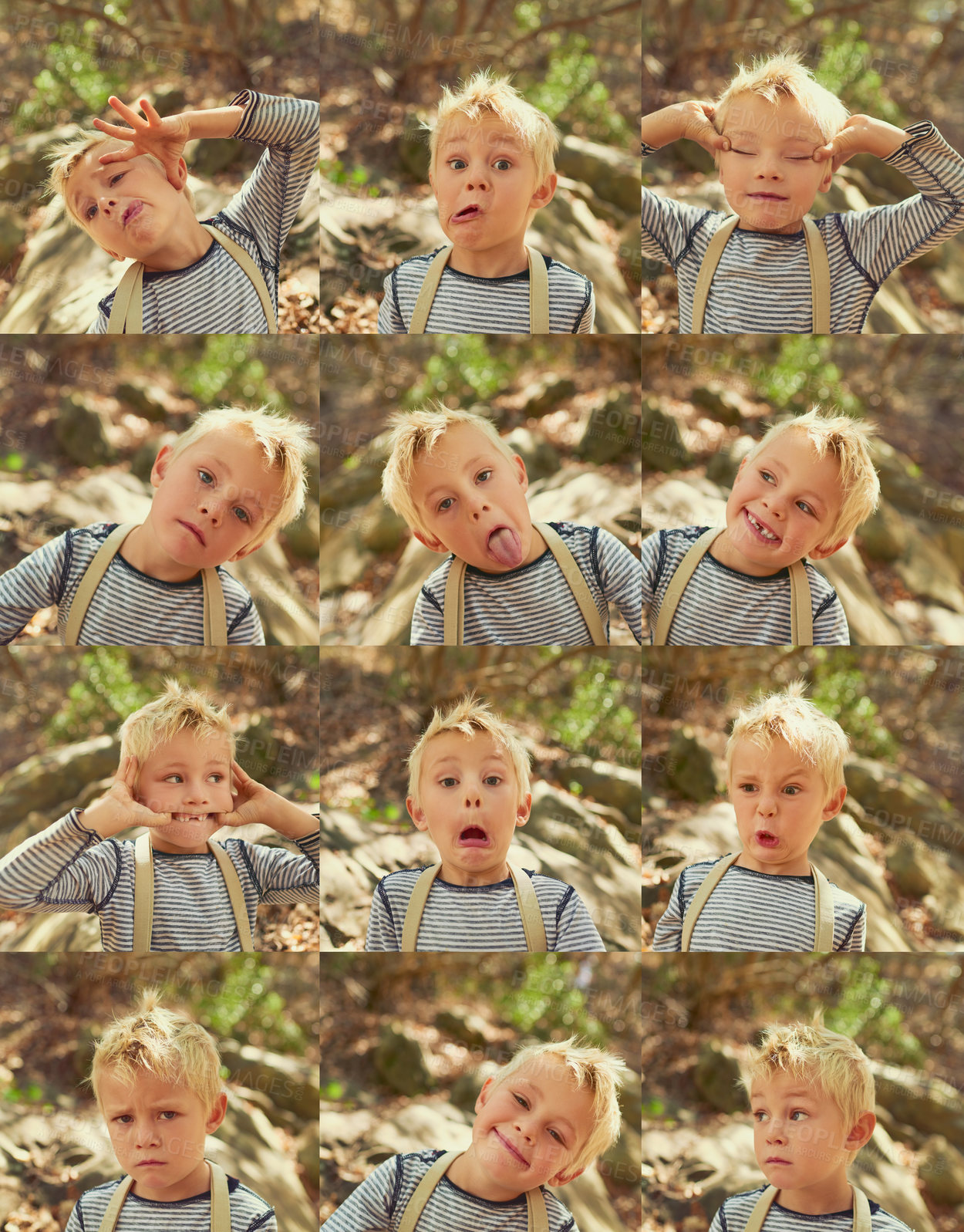 Buy stock photo Composite shot of an adorable little boy making various facial expressions outdoors