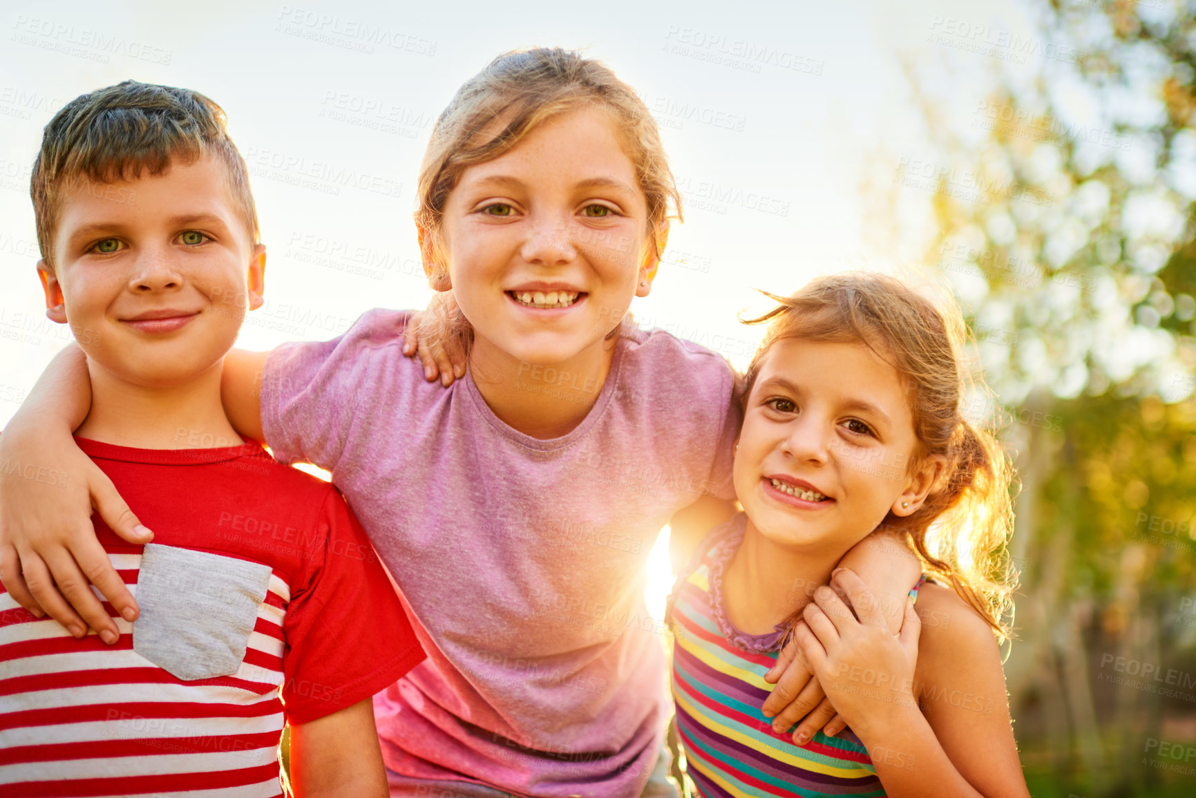 Buy stock photo Portrait of a group of little children playing together outdoors