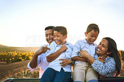 Buy stock photo Bonding, laughing and smile of family, outdoor and children with joy, happy or Latino parents in countryside. Nature, woman and man with kids, relax and love of mom or dad with youth, field or Mexico