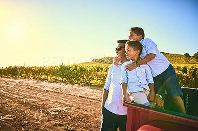 Buy stock photo Shot of a cheerful father and his two young sons spending quality time together while looking into the distance and standing next to a red pickup truck