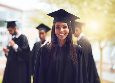 Buy stock photo Portrait, graduation and woman with a smile, outdoor and education with qualification, certificate and success. Female person, face or student with achievement, knowledge or development with a degree
