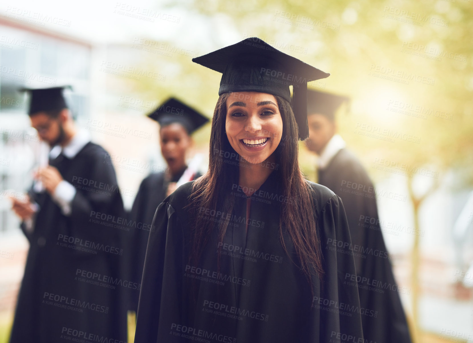 Buy stock photo Portrait, graduation and woman with a smile, outdoor and education with qualification, certificate and success. Female person, face or student with achievement, knowledge or development with a degree