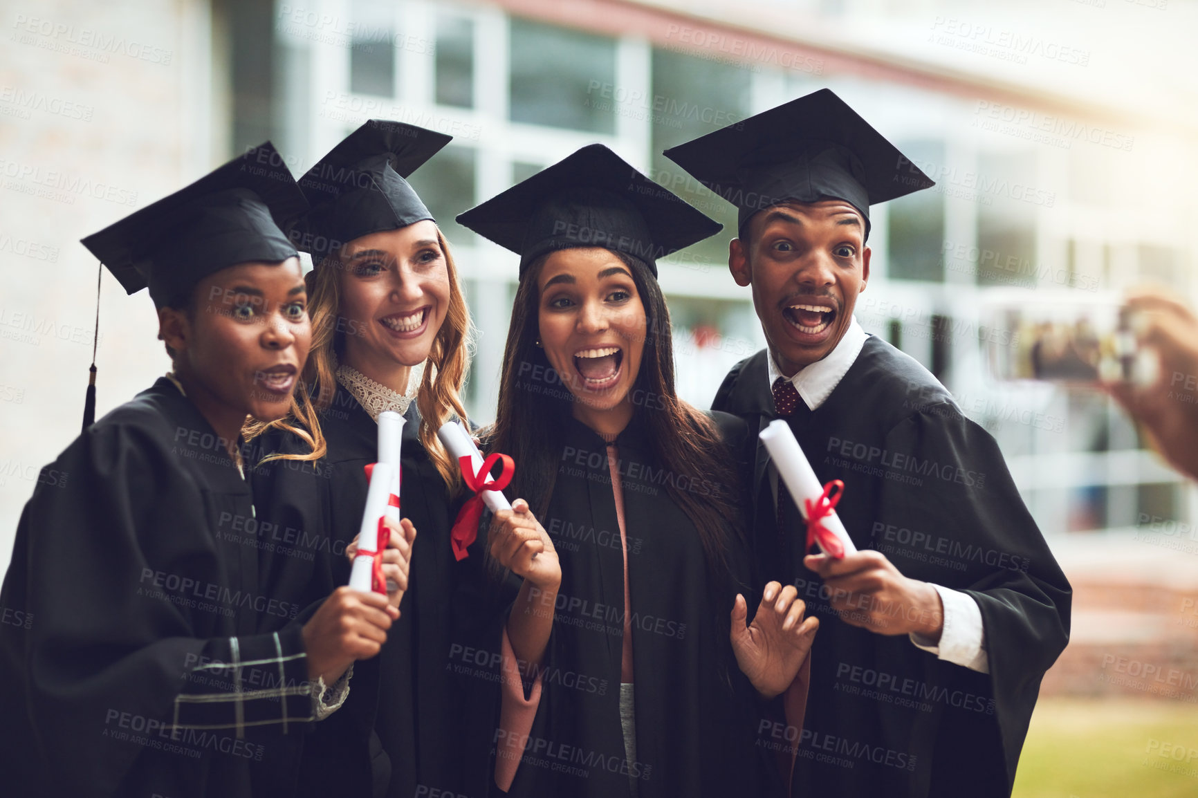 Buy stock photo Graduation, photography and excited students with certificate at celebration for university education. Smartphone, friends and happy people on college campus with digital memory of award ceremony