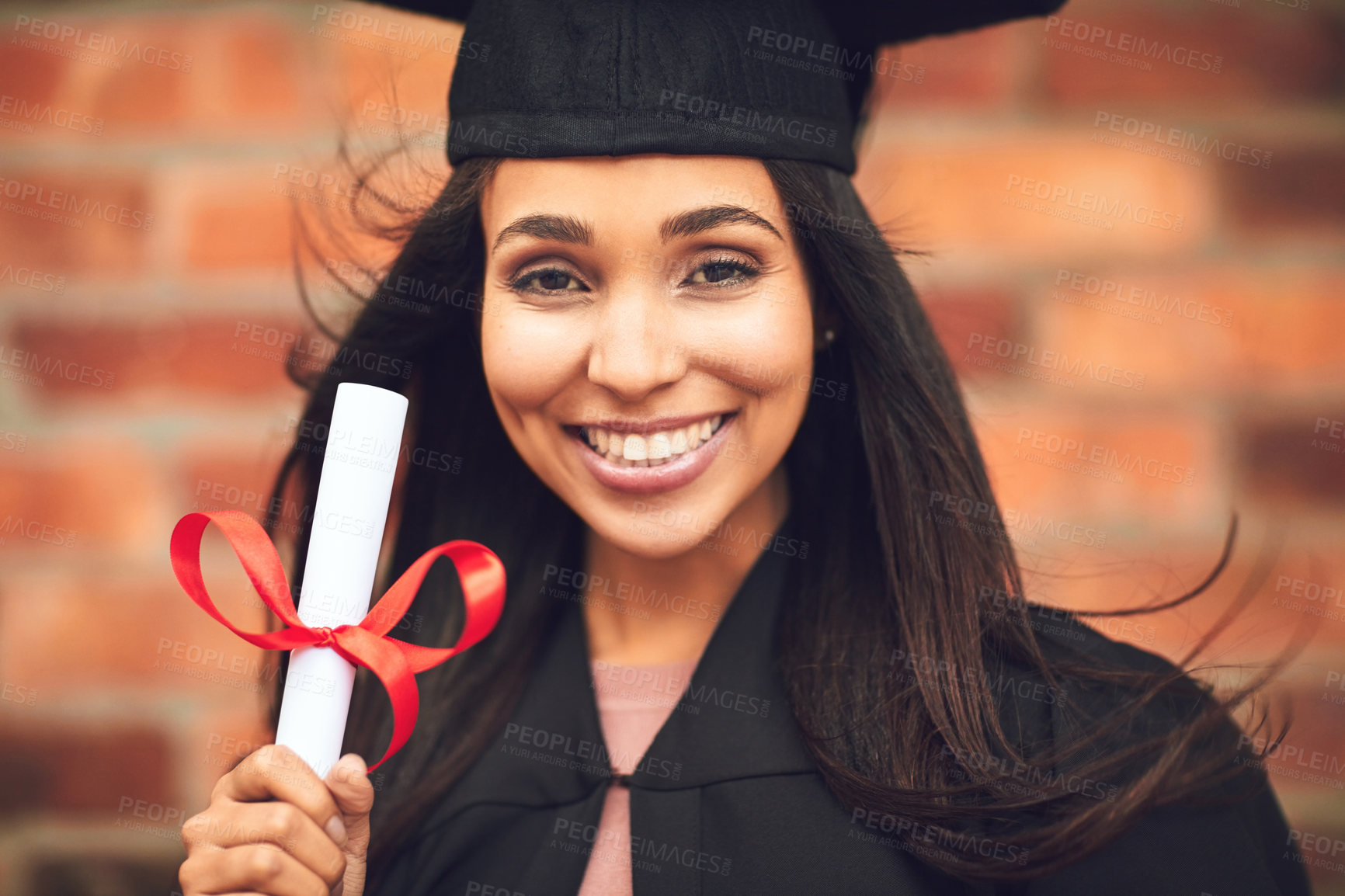 Buy stock photo Graduation, university and portrait of woman with certificate, success or achievement in education. Smile, face or happy student on college campus with law school diploma for legal career opportunity