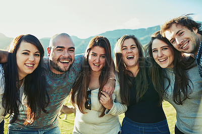 Buy stock photo Portrait of a group of friends enjoying some time outdoors together